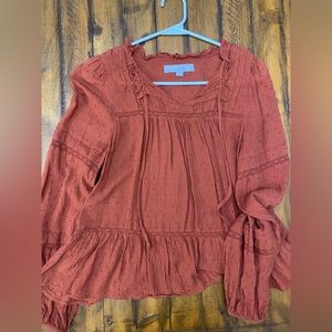 Loft Smocked Ruffle Tie Neck Blouse Rustic Orange Size Small